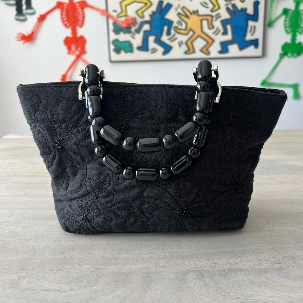 Talbots Bucket Bag Purse Beaded Handle Black Woven Raffia